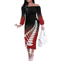 Red Silver Fern Spirit Taniko Tukutuku Personalised Family Matching Off The Shoulder Long Sleeve Dress and Hawaiian Shirt