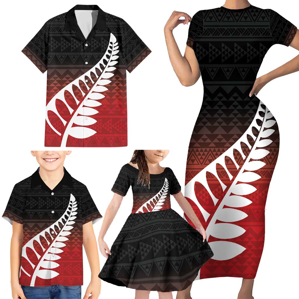 Red Silver Fern Spirit Taniko Tukutuku Personalised Family Matching Short Sleeve Bodycon Dress and Hawaiian Shirt
