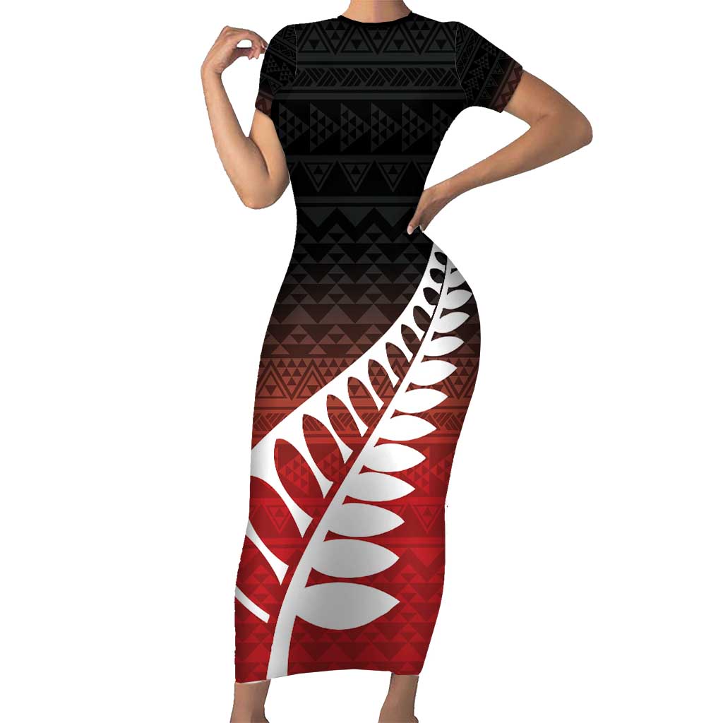 Red Silver Fern Spirit Taniko Tukutuku Personalised Family Matching Short Sleeve Bodycon Dress and Hawaiian Shirt