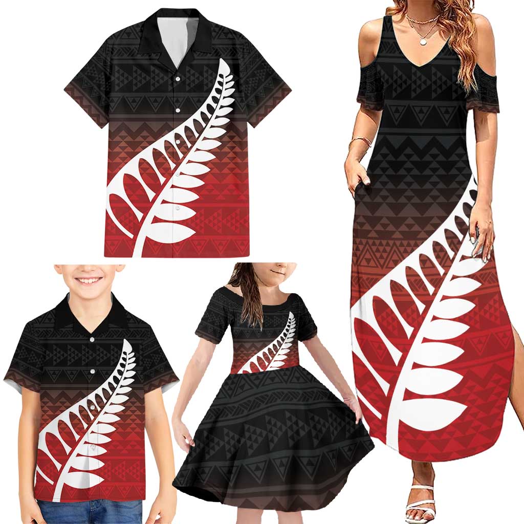 Red Silver Fern Spirit Taniko Tukutuku Personalised Family Matching Summer Maxi Dress and Hawaiian Shirt