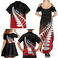 Red Silver Fern Spirit Taniko Tukutuku Personalised Family Matching Summer Maxi Dress and Hawaiian Shirt