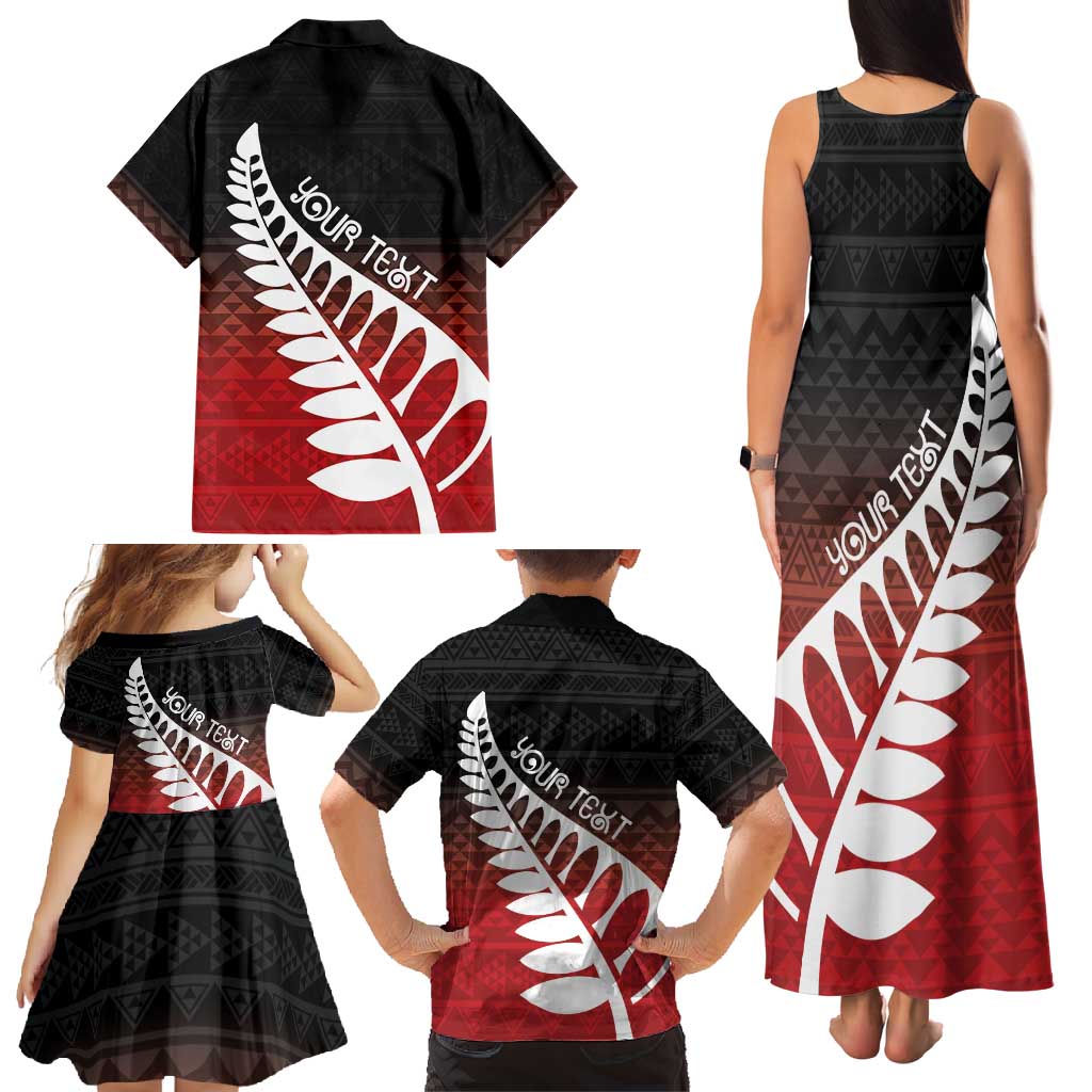 Red Silver Fern Spirit Taniko Tukutuku Personalised Family Matching Tank Maxi Dress and Hawaiian Shirt
