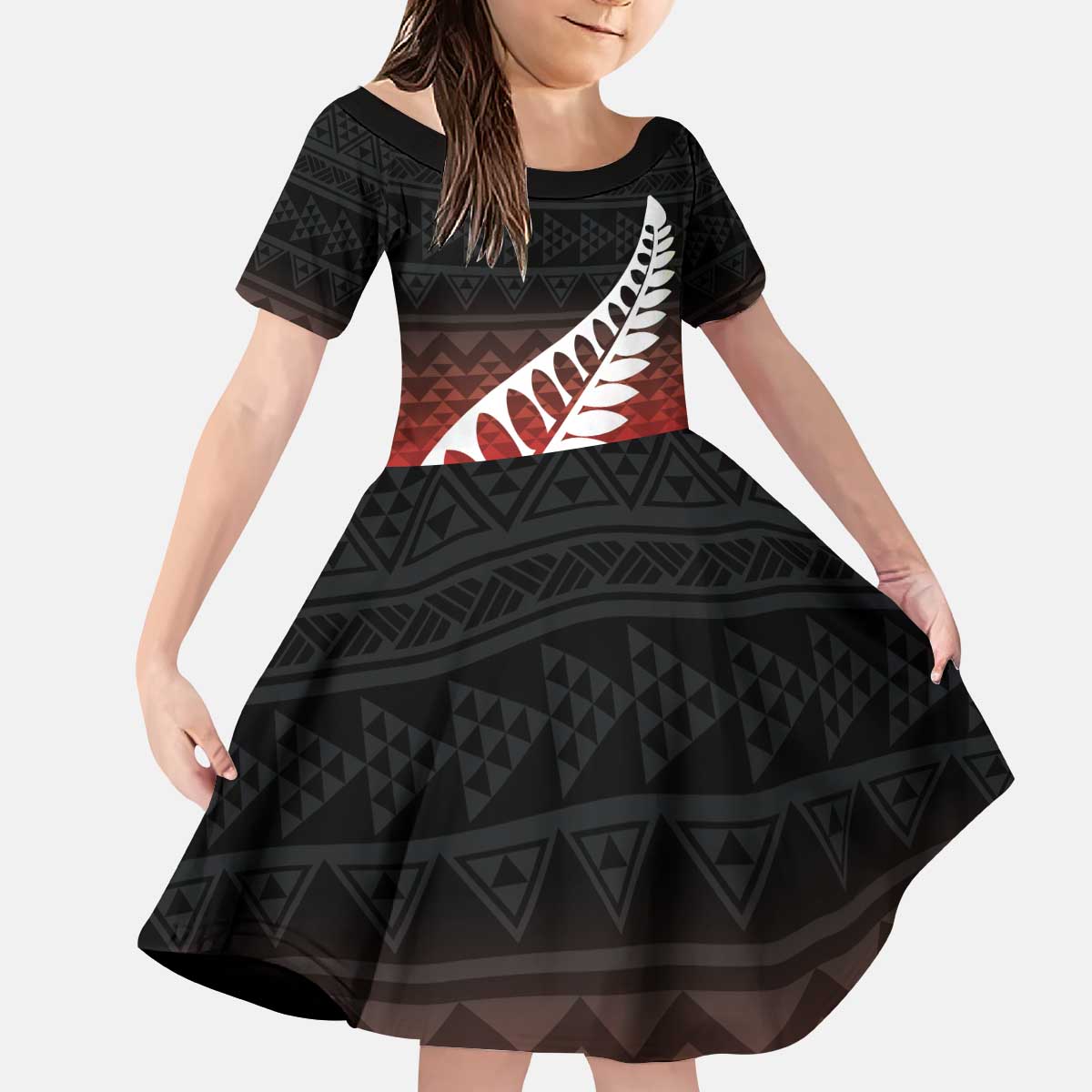 Red Silver Fern Spirit Taniko Tukutuku Personalised Kid Short Sleeve Dress LT9 KID Red - Polynesian Pride