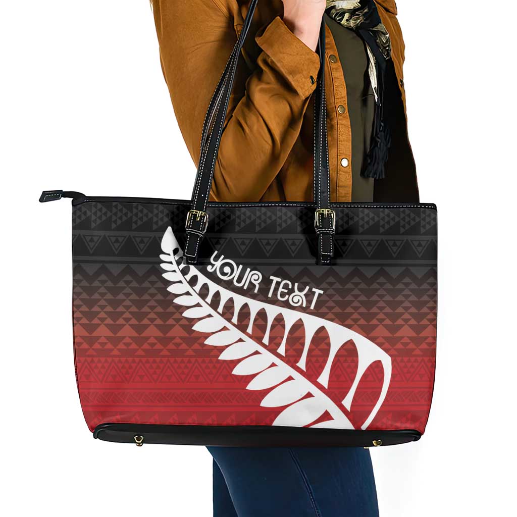 Red Silver Fern Spirit Taniko Tukutuku Personalised Leather Tote Bag