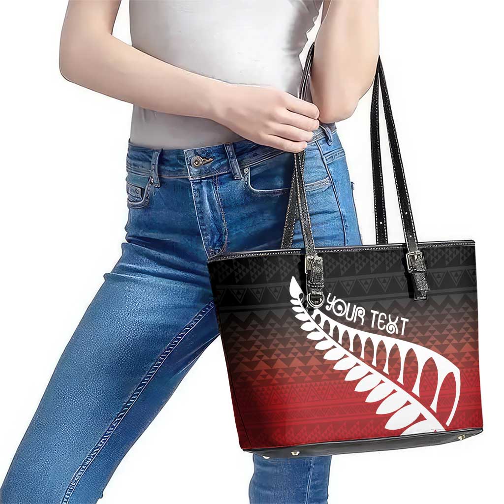Red Silver Fern Spirit Taniko Tukutuku Personalised Leather Tote Bag