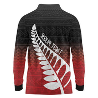 Red Silver Fern Spirit Taniko Tukutuku Personalised Long Sleeve Polo Shirt