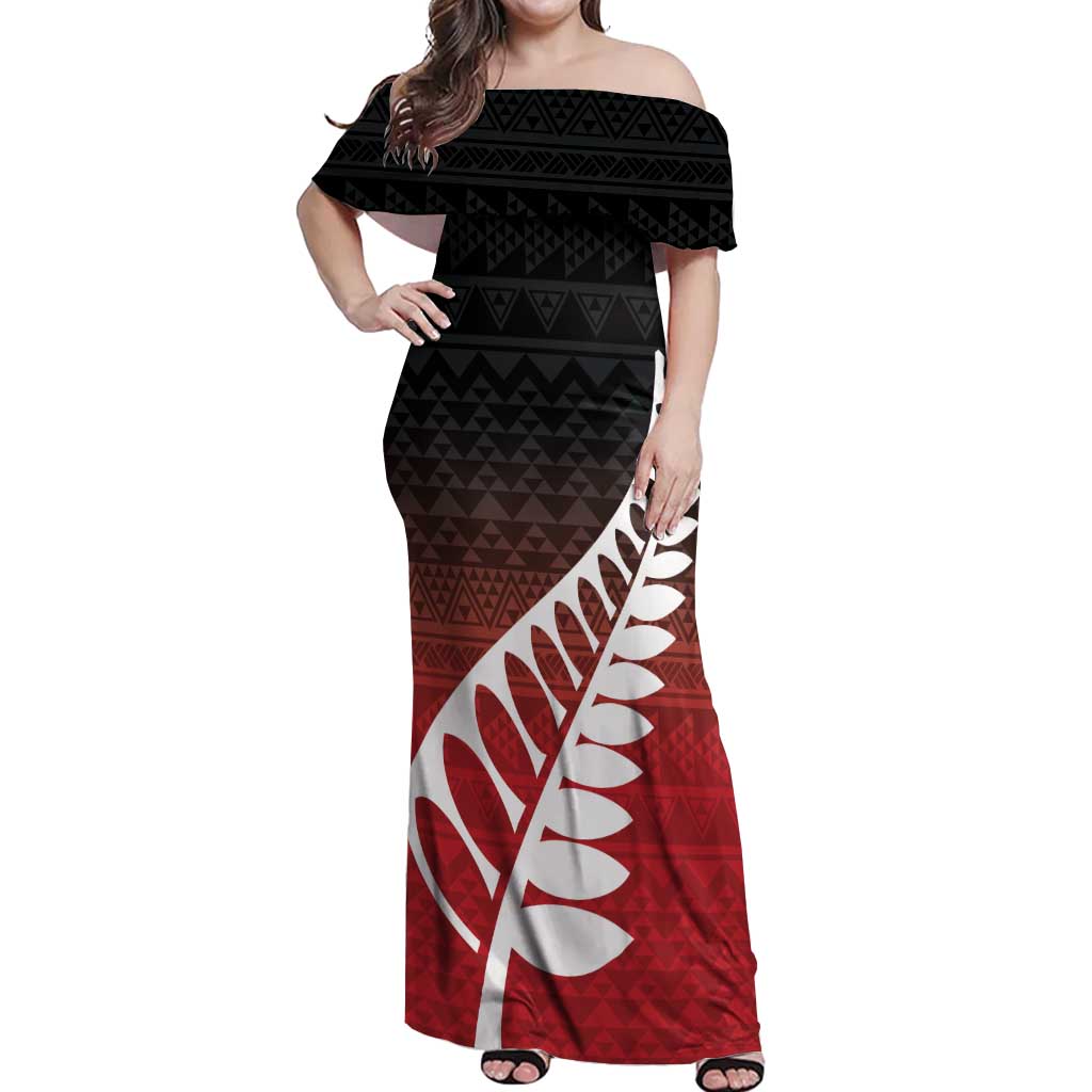 Red Silver Fern Spirit Taniko Tukutuku Personalised Off Shoulder Maxi Dress LT9 Women Red - Polynesian Pride