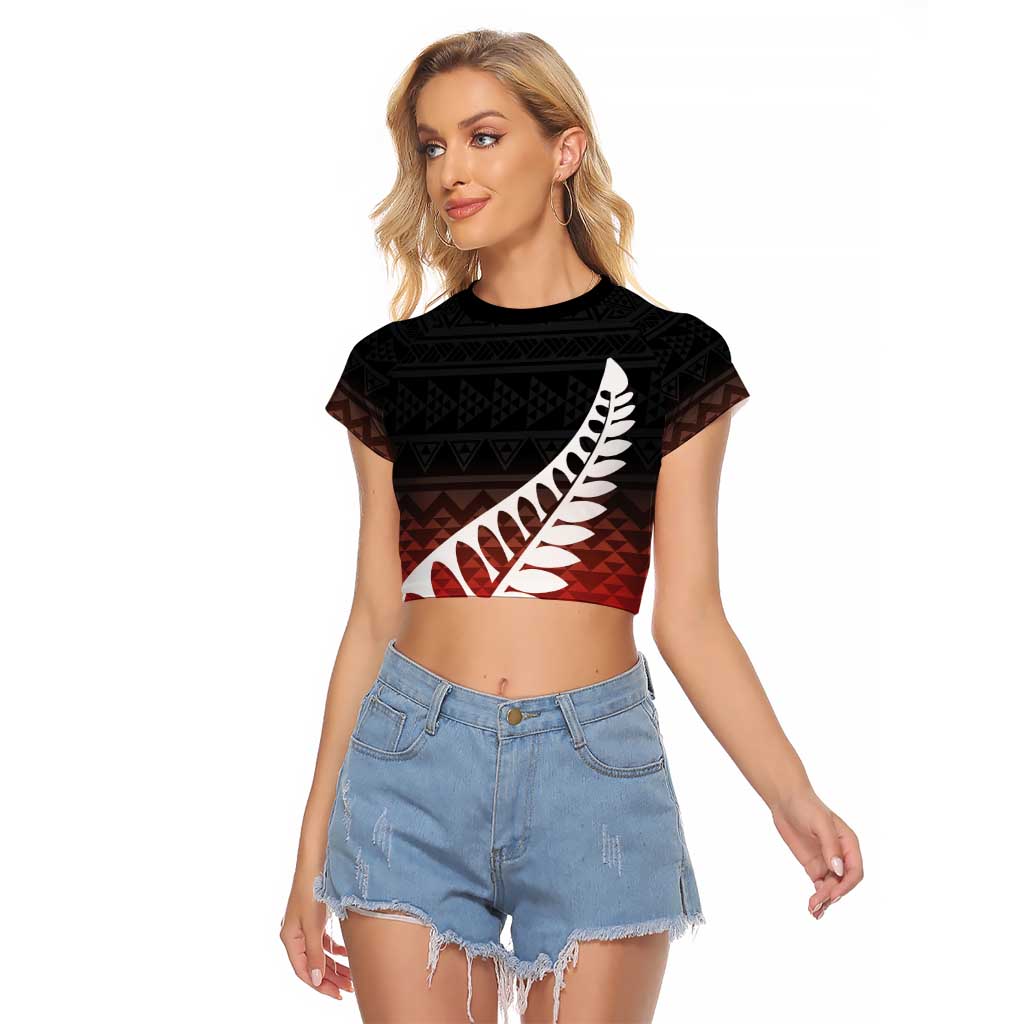 Red Silver Fern Spirit Taniko Tukutuku Personalised Raglan Cropped T Shirt