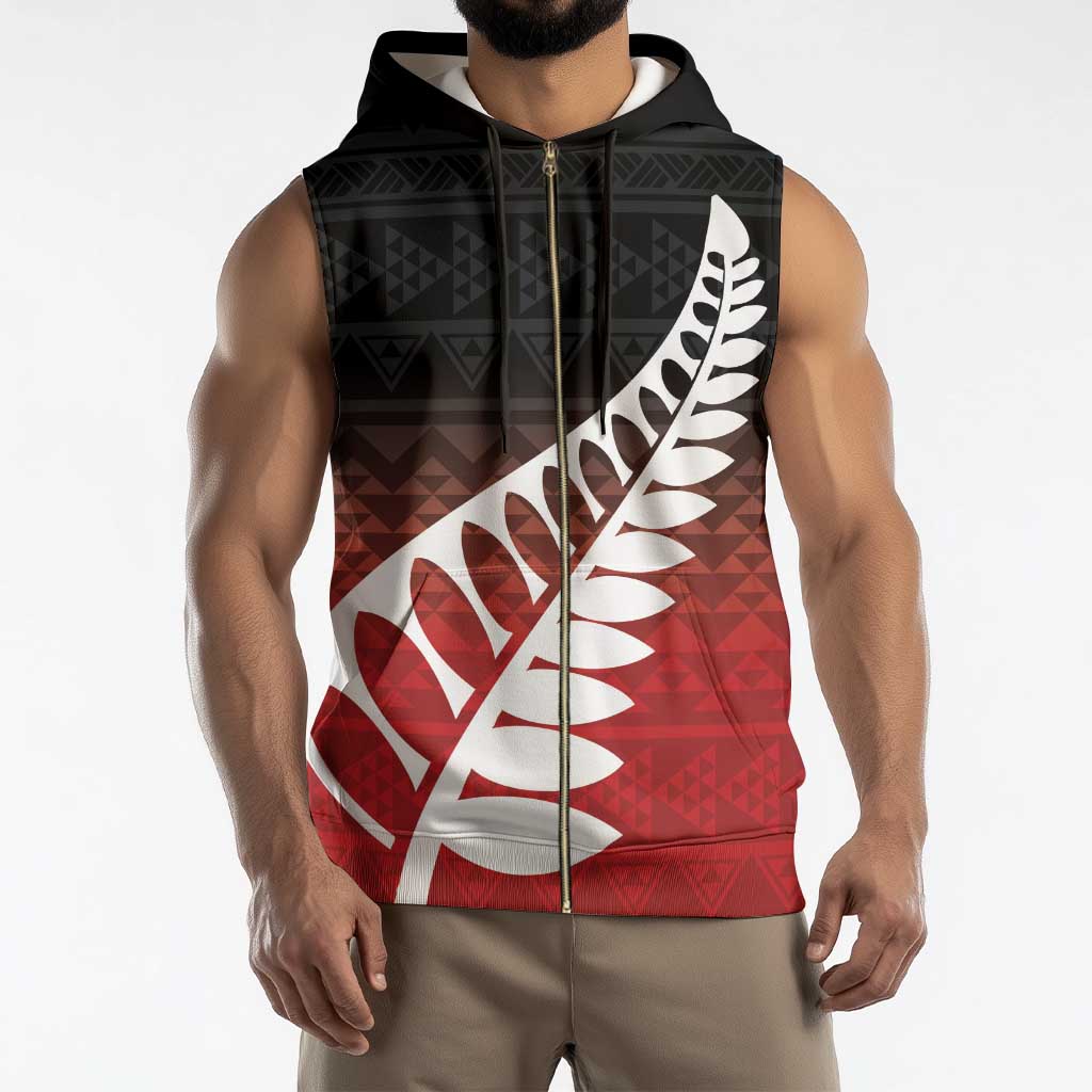 Red Silver Fern Spirit Taniko Tukutuku Personalised Sleeveless Zip Hoodie - Polynesian Pride