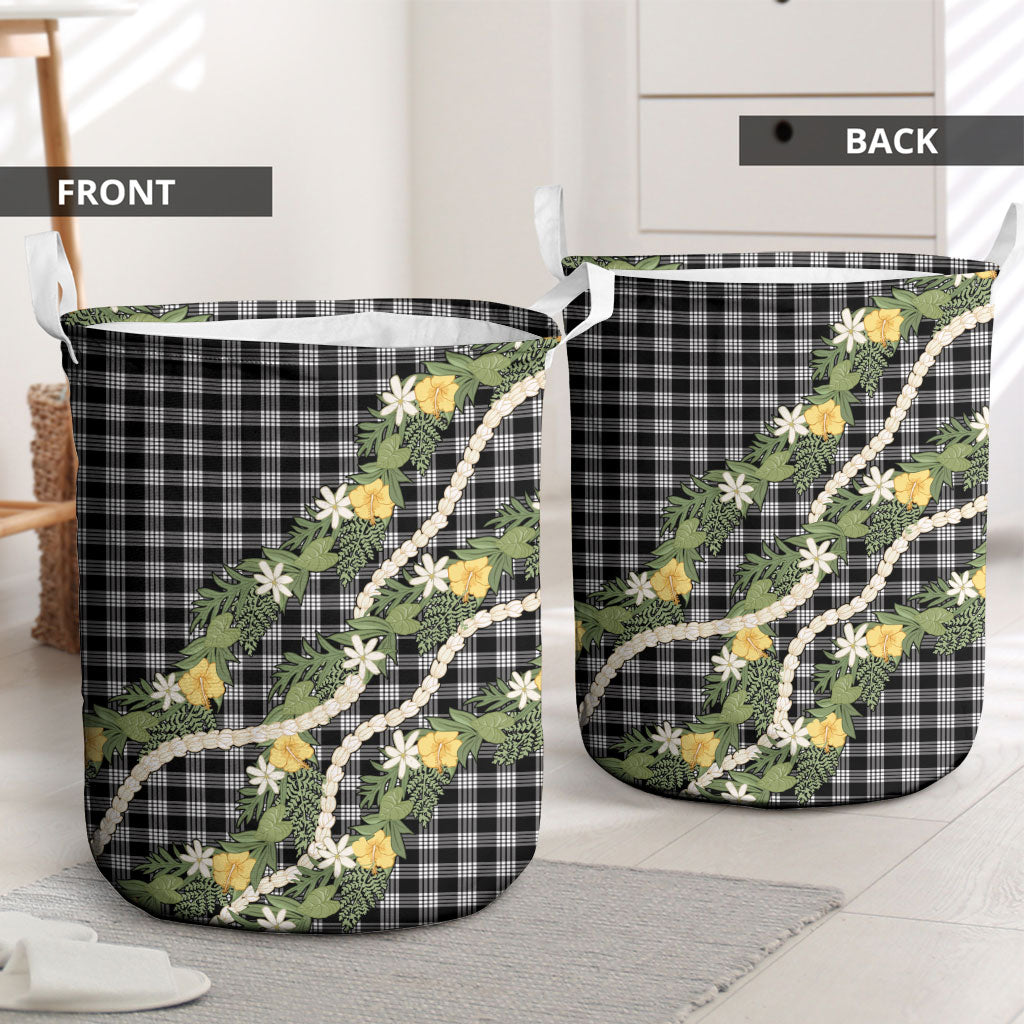 Aloha Puakenikeni Anthurium Pikake Lei Laundry Basket Black Hawaiian Palaka Pattern LT9 - Polynesian Pride