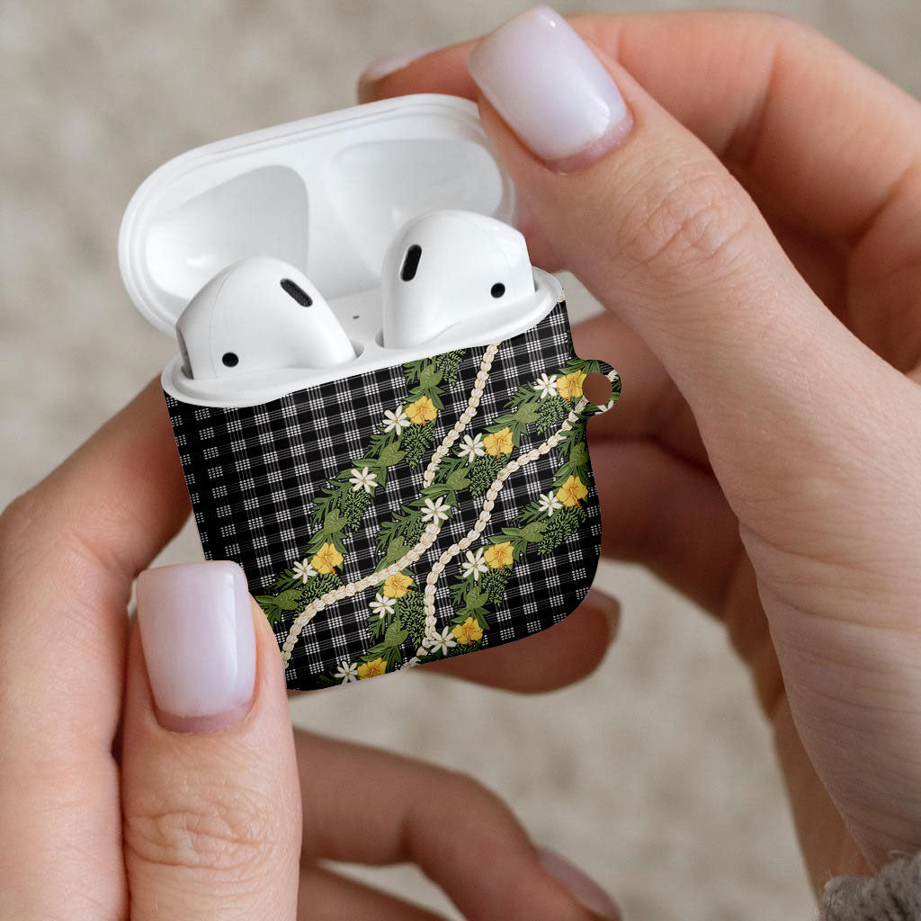 Aloha Puakenikeni Anthurium Pikake Lei AirPods Case Black Hawaiian Palaka Pattern