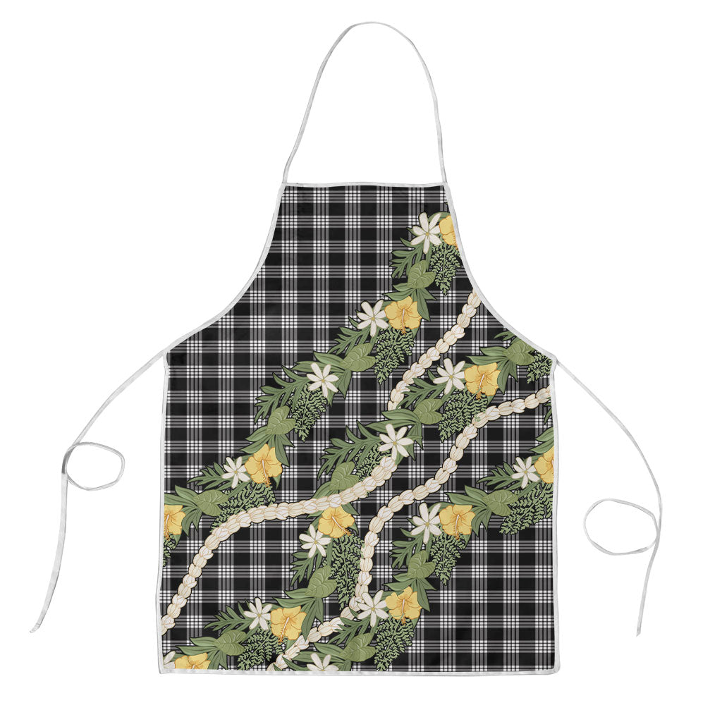 Aloha Puakenikeni Anthurium Pikake Lei Apron Black Hawaiian Palaka Pattern