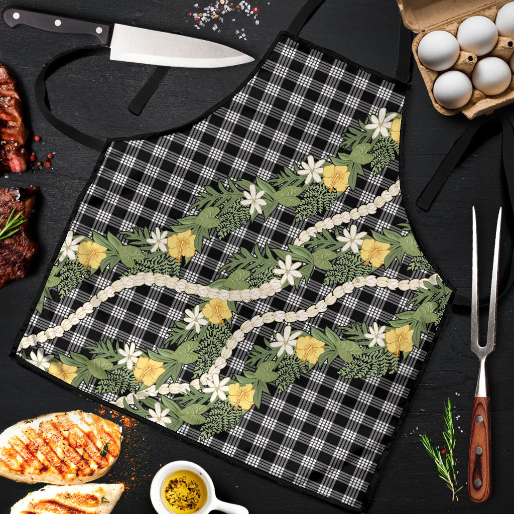 Aloha Puakenikeni Anthurium Pikake Lei Apron Black Hawaiian Palaka Pattern