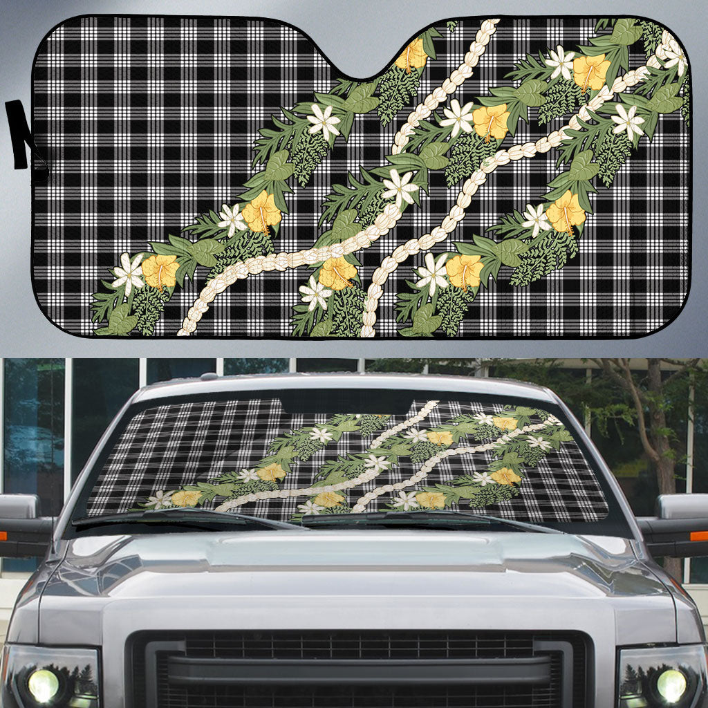 Aloha Puakenikeni Anthurium Pikake Lei Auto Sun Shade Black Hawaiian Palaka Pattern