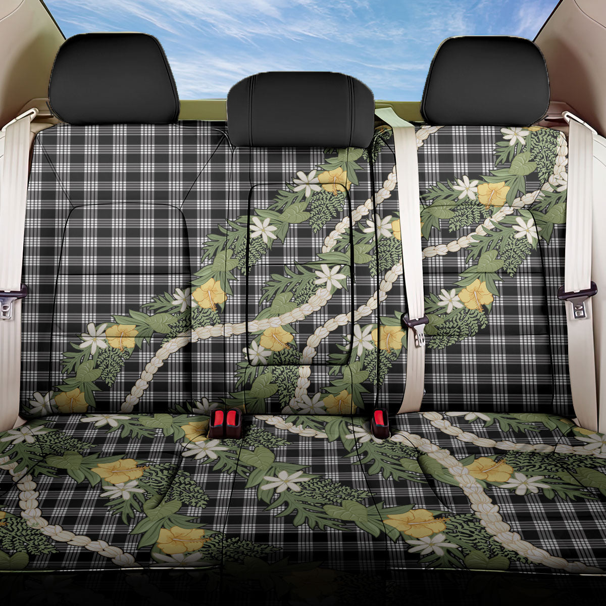 Aloha Puakenikeni Anthurium Pikake Lei Back Car Seat Cover Black Hawaiian Palaka Pattern