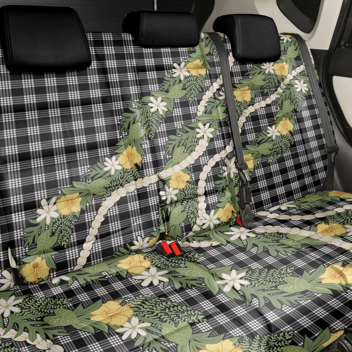 Aloha Puakenikeni Anthurium Pikake Lei Back Car Seat Cover Black Hawaiian Palaka Pattern