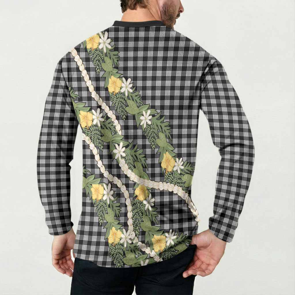 Aloha Puakenikeni Anthurium Pikake Lei Button Sweatshirt Black Hawaiian Palaka Pattern