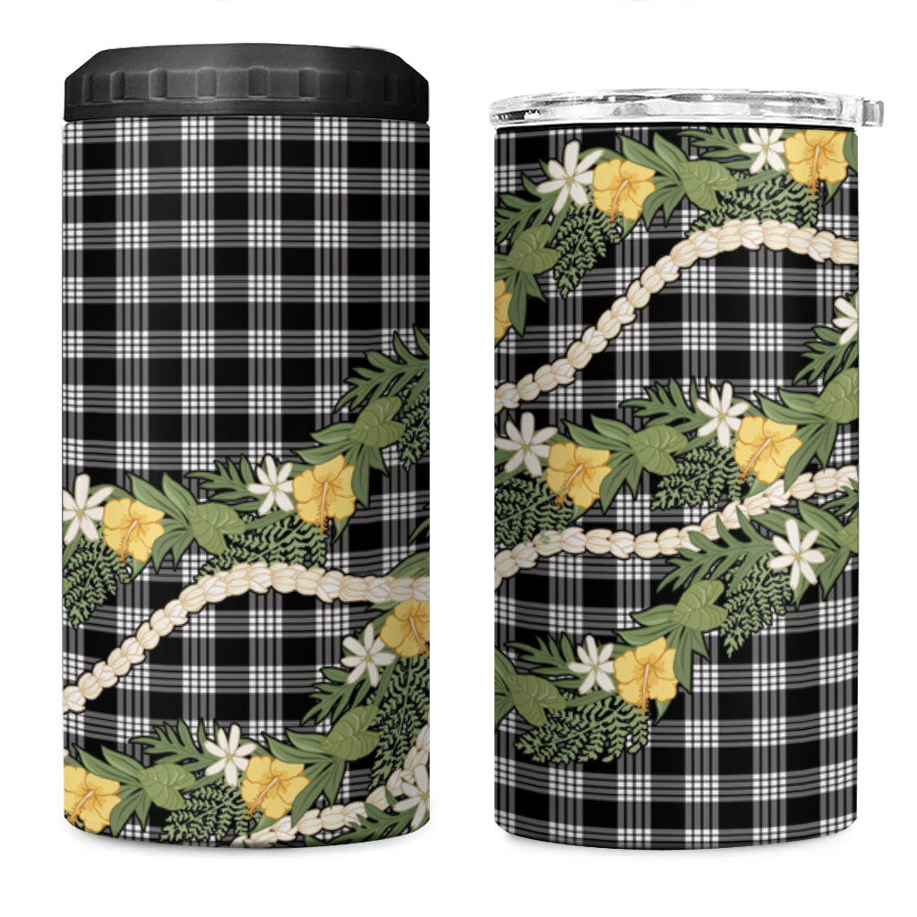 Aloha Puakenikeni Anthurium Pikake Lei 4 in 1 Can Cooler Tumbler Black Hawaiian Palaka Pattern