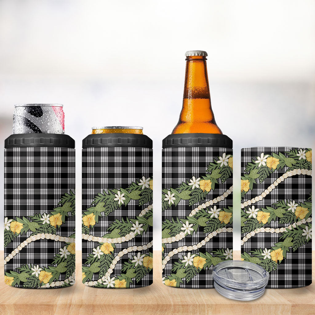 Aloha Puakenikeni Anthurium Pikake Lei 4 in 1 Can Cooler Tumbler Black Hawaiian Palaka Pattern