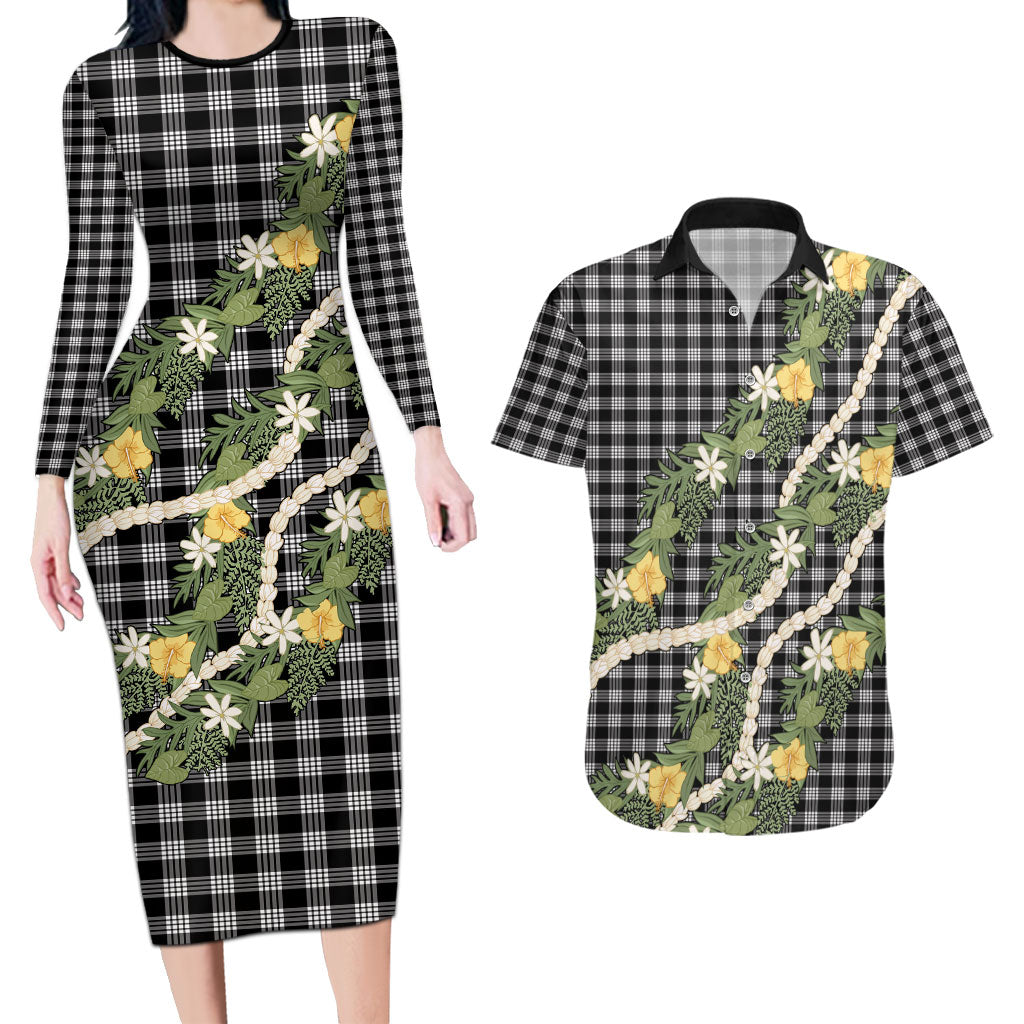 Aloha Puakenikeni Anthurium Pikake Lei Couples Matching Long Sleeve Bodycon Dress and Hawaiian Shirt Black Hawaiian Palaka Pattern