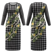 Aloha Puakenikeni Anthurium Pikake Lei Couples Matching Long Sleeve Bodycon Dress and Hawaiian Shirt Black Hawaiian Palaka Pattern LT9 - Polynesian Pride