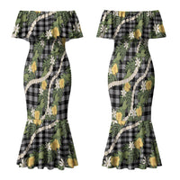 Aloha Puakenikeni Anthurium Pikake Lei Couples Matching Mermaid Dress and Long Sleeve Button Shirt Black Hawaiian Palaka Pattern LT9 - Polynesian Pride