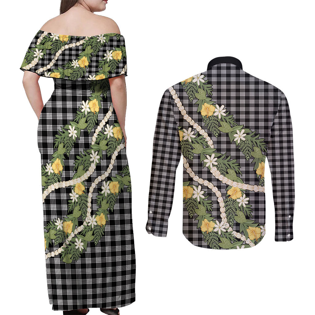 Aloha Puakenikeni Anthurium Pikake Lei Couples Matching Off Shoulder Maxi Dress and Long Sleeve Button Shirt Black Hawaiian Palaka Pattern