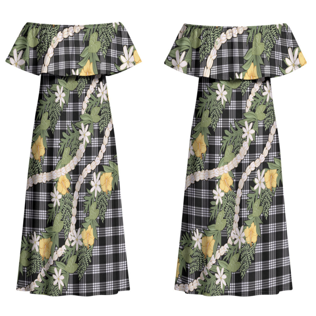 Aloha Puakenikeni Anthurium Pikake Lei Couples Matching Off Shoulder Maxi Dress and Long Sleeve Button Shirt Black Hawaiian Palaka Pattern LT9 - Polynesian Pride
