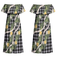 Aloha Puakenikeni Anthurium Pikake Lei Couples Matching Off Shoulder Maxi Dress and Long Sleeve Button Shirt Black Hawaiian Palaka Pattern LT9 - Polynesian Pride