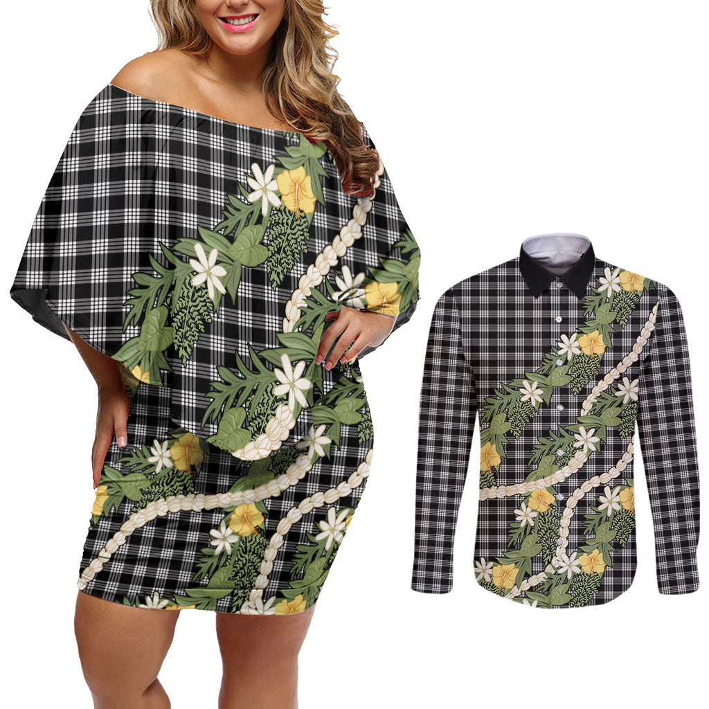Aloha Puakenikeni Anthurium Pikake Lei Couples Matching Off Shoulder Short Dress and Long Sleeve Button Shirt Black Hawaiian Palaka Pattern