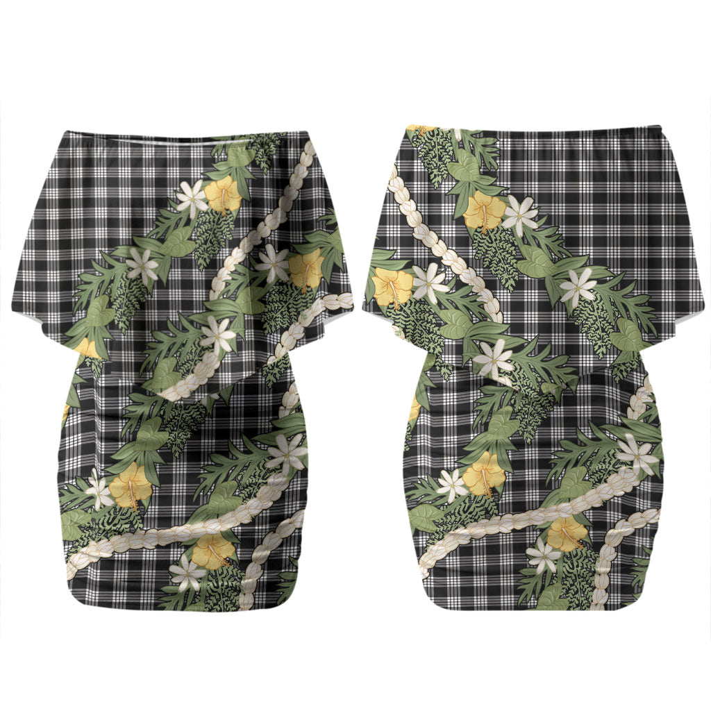 Aloha Puakenikeni Anthurium Pikake Lei Couples Matching Off Shoulder Short Dress and Long Sleeve Button Shirt Black Hawaiian Palaka Pattern LT9 - Polynesian Pride