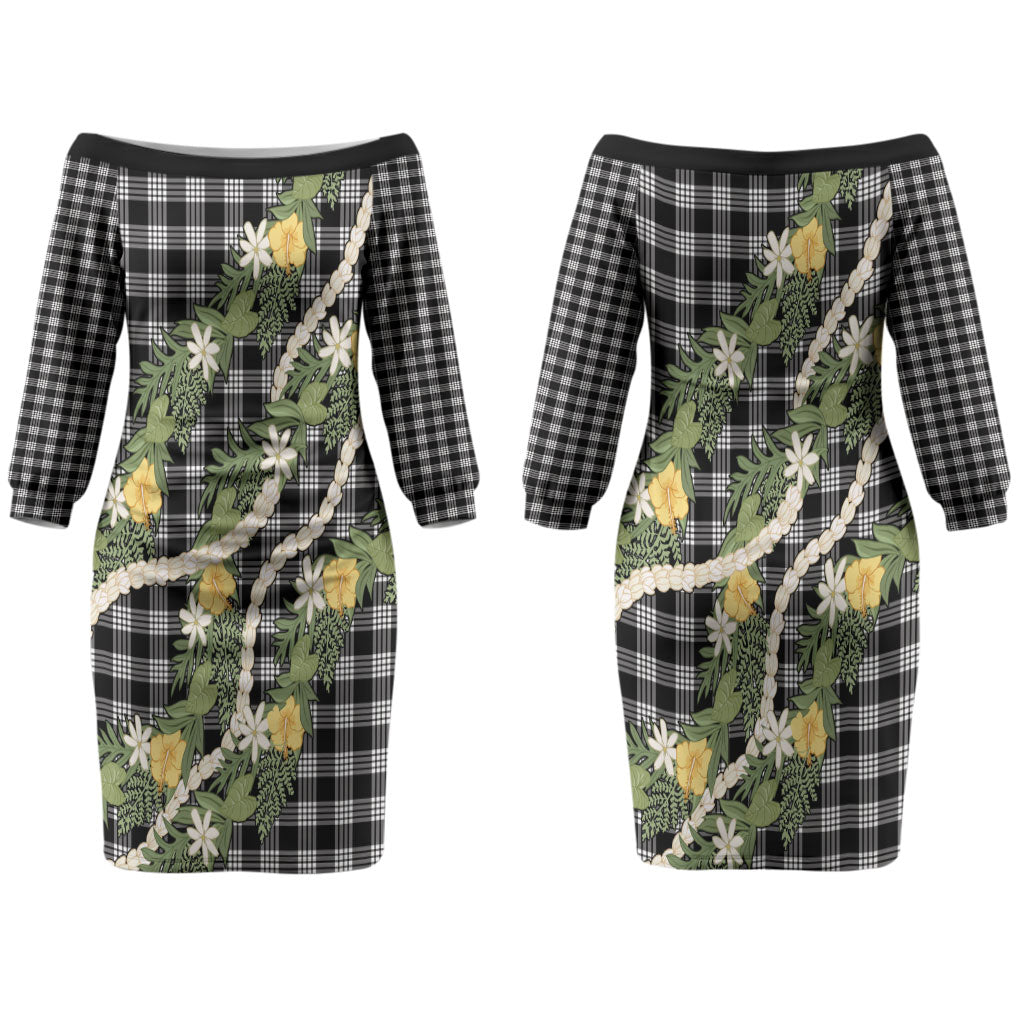 Aloha Puakenikeni Anthurium Pikake Lei Couples Matching Off The Shoulder Long Sleeve Dress and Hawaiian Shirt Black Hawaiian Palaka Pattern LT9 - Polynesian Pride