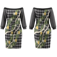 Aloha Puakenikeni Anthurium Pikake Lei Couples Matching Off The Shoulder Long Sleeve Dress and Hawaiian Shirt Black Hawaiian Palaka Pattern LT9 - Polynesian Pride