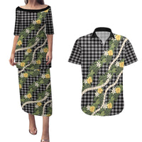 Aloha Puakenikeni Anthurium Pikake Lei Couples Matching Puletasi and Hawaiian Shirt Black Hawaiian Palaka Pattern