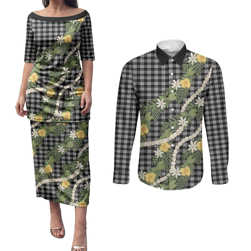 Aloha Puakenikeni Anthurium Pikake Lei Couples Matching Puletasi and Long Sleeve Button Shirt Black Hawaiian Palaka Pattern LT9 Black - Polynesian Pride