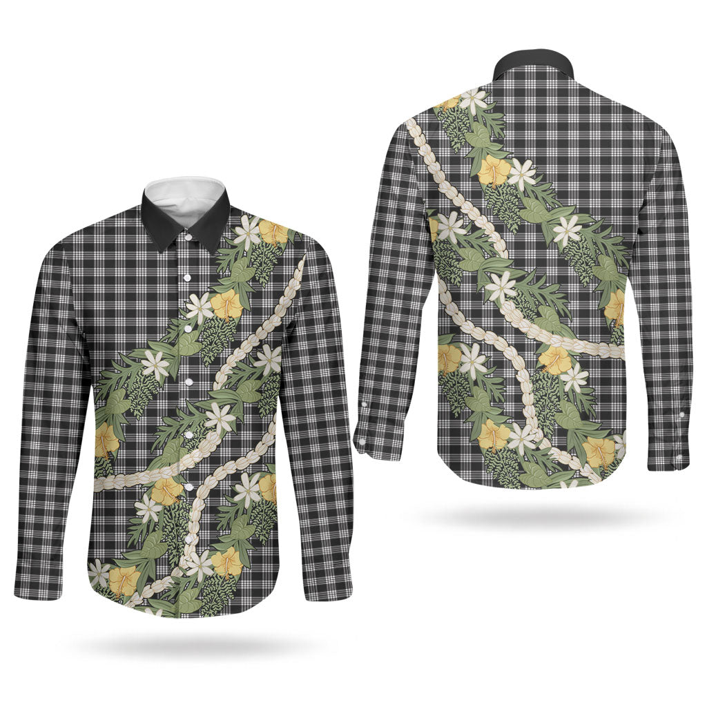 Aloha Puakenikeni Anthurium Pikake Lei Couples Matching Puletasi and Long Sleeve Button Shirt Black Hawaiian Palaka Pattern LT9 - Polynesian Pride