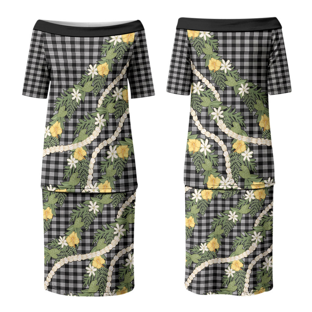 Aloha Puakenikeni Anthurium Pikake Lei Couples Matching Puletasi and Long Sleeve Button Shirt Black Hawaiian Palaka Pattern LT9 - Polynesian Pride