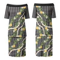 Aloha Puakenikeni Anthurium Pikake Lei Couples Matching Puletasi and Long Sleeve Button Shirt Black Hawaiian Palaka Pattern LT9 - Polynesian Pride