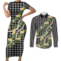 Aloha Puakenikeni Anthurium Pikake Lei Couples Matching Short Sleeve Bodycon Dress and Long Sleeve Button Shirt Black Hawaiian Palaka Pattern