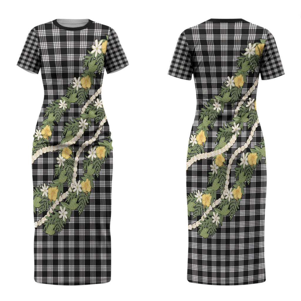 Aloha Puakenikeni Anthurium Pikake Lei Couples Matching Short Sleeve Bodycon Dress and Long Sleeve Button Shirt Black Hawaiian Palaka Pattern LT9 - Polynesian Pride
