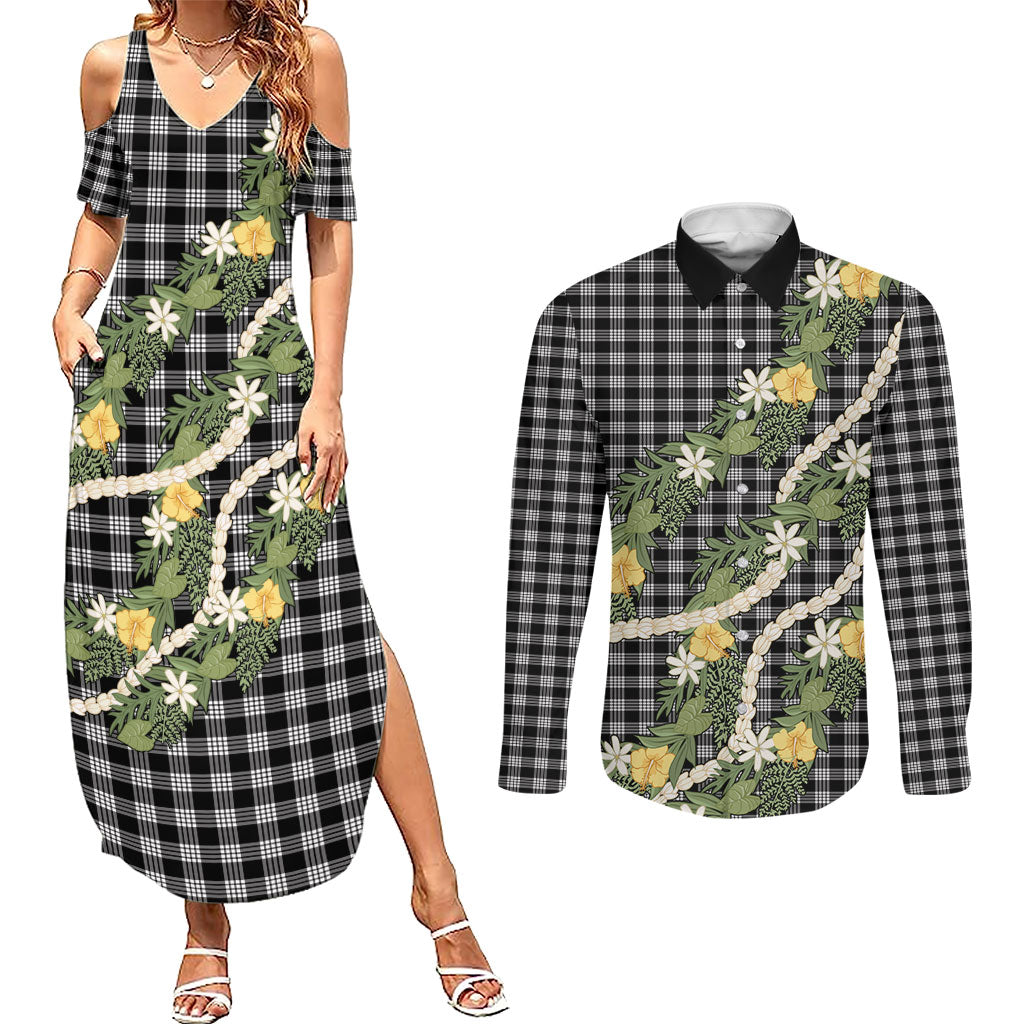 Aloha Puakenikeni Anthurium Pikake Lei Couples Matching Summer Maxi Dress and Long Sleeve Button Shirt Black Hawaiian Palaka Pattern