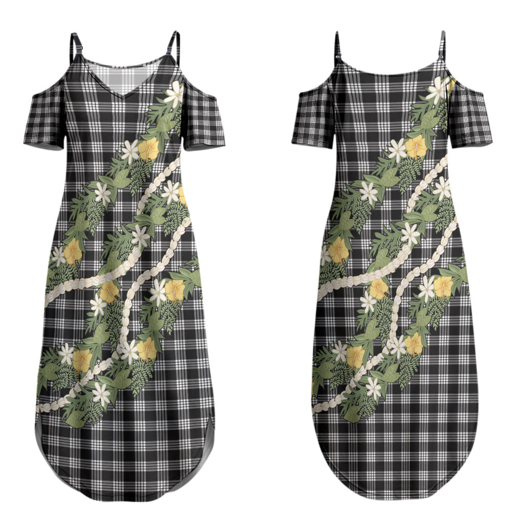Aloha Puakenikeni Anthurium Pikake Lei Couples Matching Summer Maxi Dress and Long Sleeve Button Shirt Black Hawaiian Palaka Pattern LT9 - Polynesian Pride