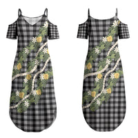 Aloha Puakenikeni Anthurium Pikake Lei Couples Matching Summer Maxi Dress and Long Sleeve Button Shirt Black Hawaiian Palaka Pattern LT9 - Polynesian Pride