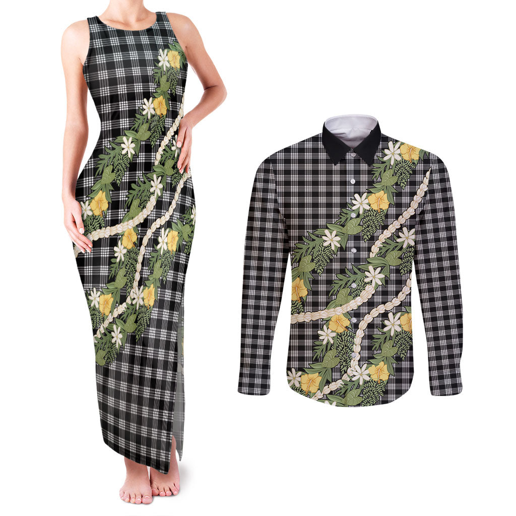 Aloha Puakenikeni Anthurium Pikake Lei Couples Matching Tank Maxi Dress and Long Sleeve Button Shirt Black Hawaiian Palaka Pattern