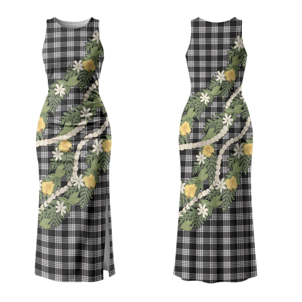 Aloha Puakenikeni Anthurium Pikake Lei Couples Matching Tank Maxi Dress and Long Sleeve Button Shirt Black Hawaiian Palaka Pattern LT9 - Polynesian Pride