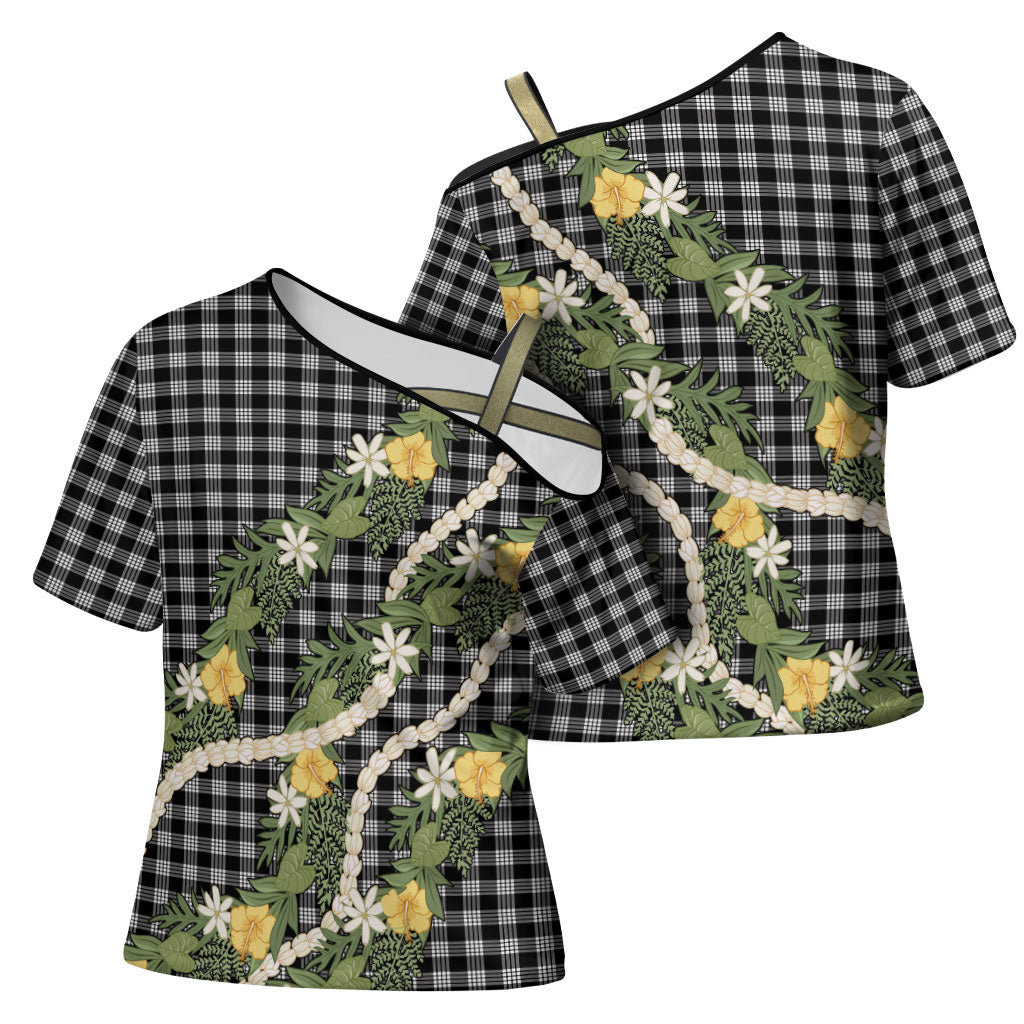 Aloha Puakenikeni Anthurium Pikake Lei Cross Shoulder Shirt Black Hawaiian Palaka Pattern