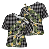 Aloha Puakenikeni Anthurium Pikake Lei Cross Shoulder Shirt Black Hawaiian Palaka Pattern