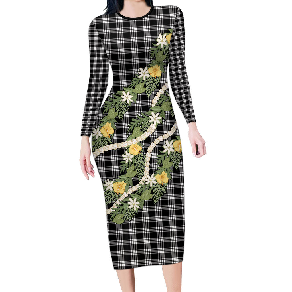 Aloha Puakenikeni Anthurium Pikake Lei Family Matching Long Sleeve Bodycon Dress and Hawaiian Shirt Black Hawaiian Palaka Pattern