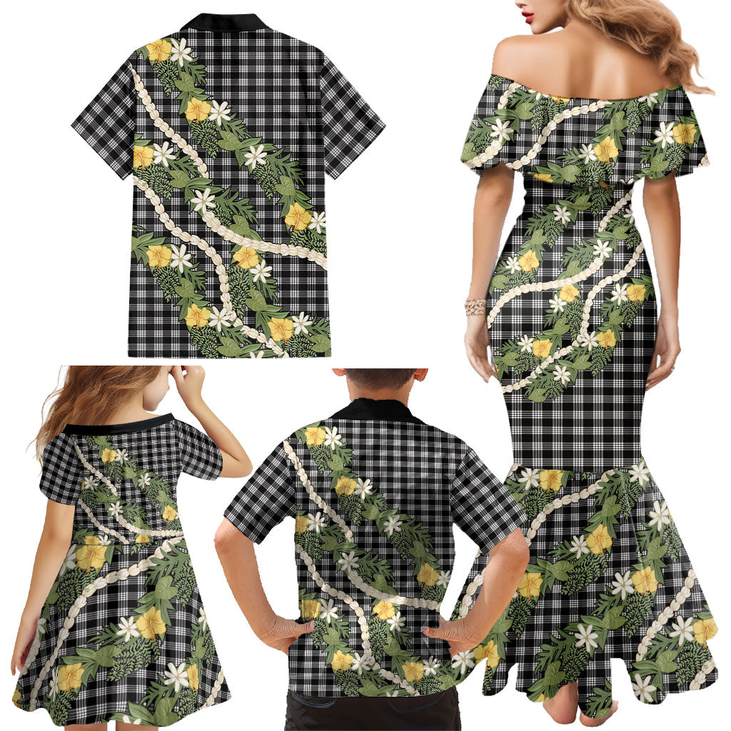 Aloha Puakenikeni Anthurium Pikake Lei Family Matching Mermaid Dress and Hawaiian Shirt Black Hawaiian Palaka Pattern