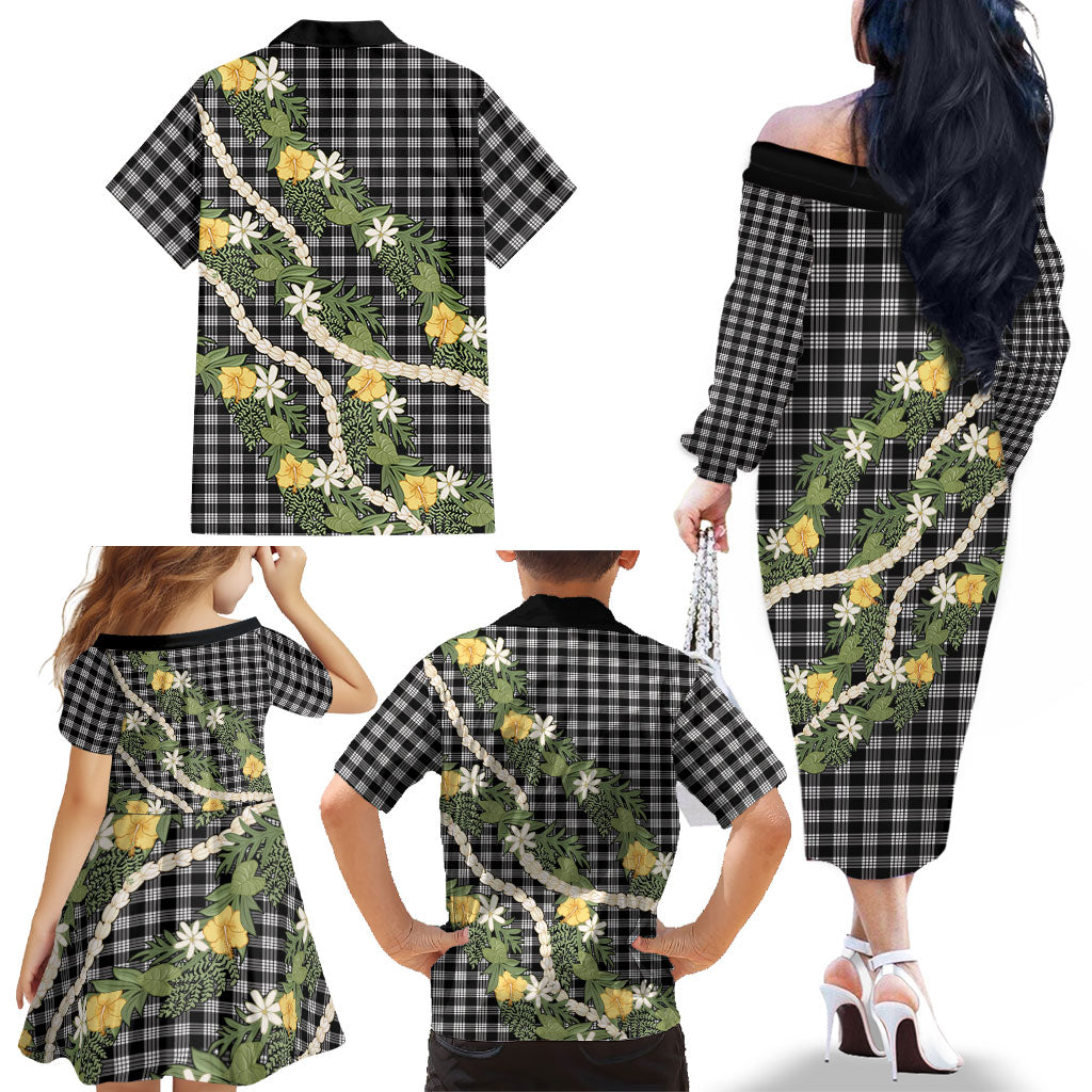 Aloha Puakenikeni Anthurium Pikake Lei Family Matching Off The Shoulder Long Sleeve Dress and Hawaiian Shirt Black Hawaiian Palaka Pattern